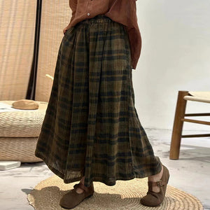 Quần baggy linen lưng thun kẻ sọc caro ống rộng - NU9916