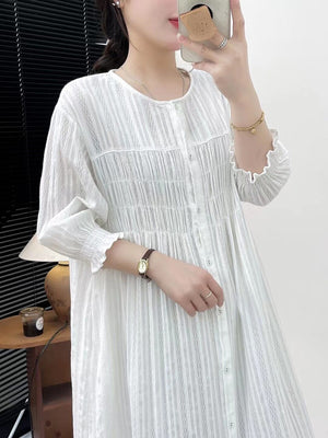 Đầm liền linen sơ mi tay lửng cổ tròn - NU10102