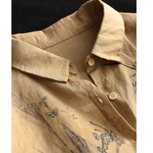 Áo sơ mi linen dài tay cổ đức in đối xứng trước ngực - A724