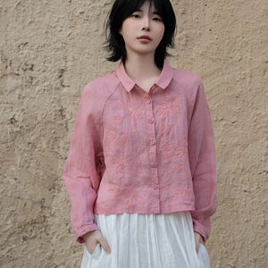 Áo sơ mi croptop dài tay linen cổ đức thêu hoa lá - A965