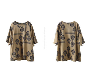 Áo T-shirt linen ngắn tay cổ tròn hoa văn trừu tượng - NU9985