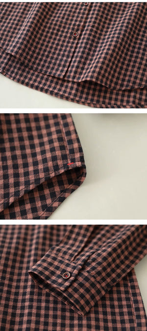Áo sơ mi linen dài tay cổ đức túi lệch kẻ caro - NU10074