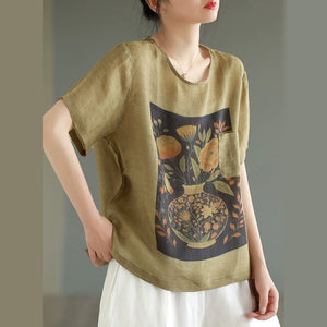 Áo T-shirt linen ngắn tay cổ tròn hoa lá tĩnh vật - NU10154