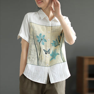 Áo sơ mi linen ngắn tay cổ đức in hoa loa kèn - NU8806