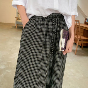 Quần baggy linen lưng thun kẻ caro ống rộng - NU9869