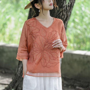 Áo sơ mi linen ngắn tay cổ V thêu hoa nổi hai lớp - NU9860