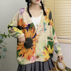 Áo khoác len cardigan dài tay cổ V in hoa hướng dương - NU9230