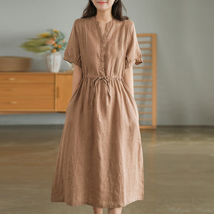 Đầm liền linen ngắn tay cổ V xếp ly đối xứng - NU8686