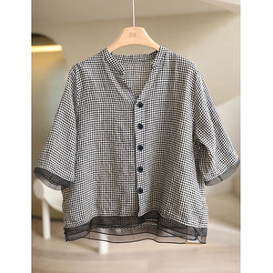 Áo sơ mi linen ngắn tay cổ đứng xẻ V kẻ caro - NU9020