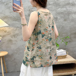 Áo T-shirt linen sát nách cổ tròn in hoa lá - NU9989
