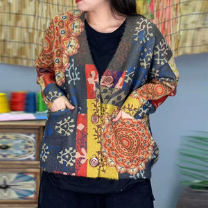 Áo khoác len cardigan dài tay cổ V in hoa văn retro - NU9190