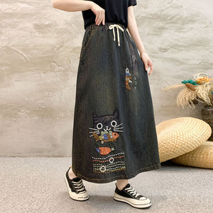 Chân váy denim lưng thun thêu mèo và cá - NU10080
