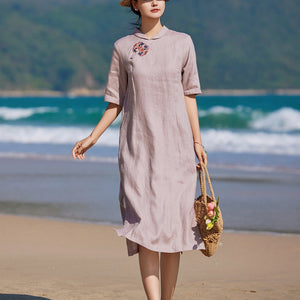 Đầm liền linen ngắn tay cổ tròn cánh sen thêu retro - NU9901