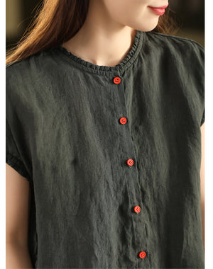 Áo sơ mi linen ngắn tay cổ tròn xếp ly - A804