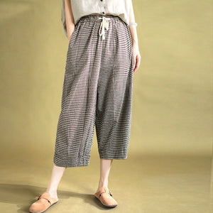 Quần baggy linen lửng lưng thun kẻ caro - NU10125