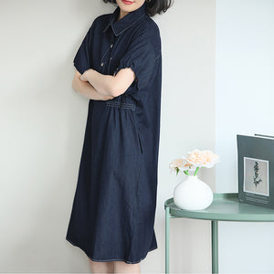 Đầm liền denim ngắn tay cổ đức chiết eo - NU10338