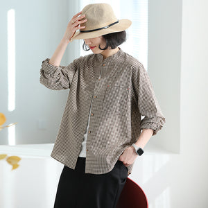 Áo sơ mi linen dài tay cổ đứng kẻ sọc caro - NU9837
