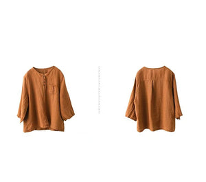 Áo sơ mi linen tay lửng cổ tròn một túi khuy kép - A802