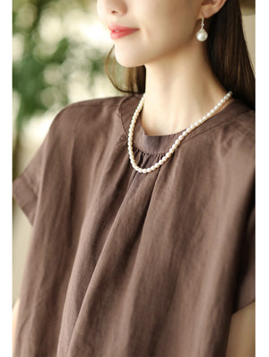 Đầm liền linen ngắn tay cổ tròn khuy cài sau hai túi vuông - D006