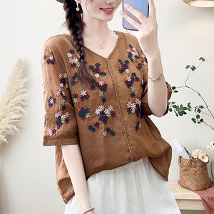 Áo sơ mi linen ngắn tay cổ V thêu hoa ngũ sắc - NU10404