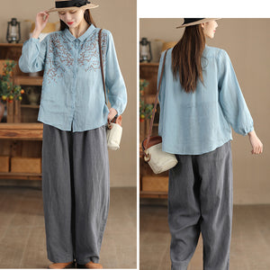 Áo sơ mi linen dài tay cổ pipi thêu những ngôi sao - NU9733