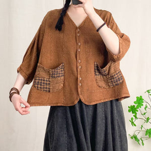 Áo sơ mi linen ngắn tay cổ V hai túi kẻ caro - A947