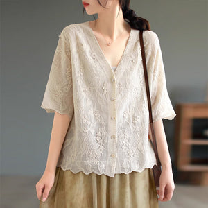 Áo khoác cardigan retro ngắn tay cổ V thêu hoa văn - NU8870