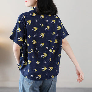 Áo sơ mi linen ngắn tay cổ đức in những chú chim - NU8815