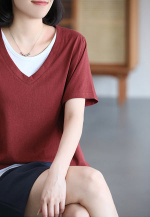 Áo T-shirt ngắn tay cổ V kiểu hai lớp lệch màu - NU10473