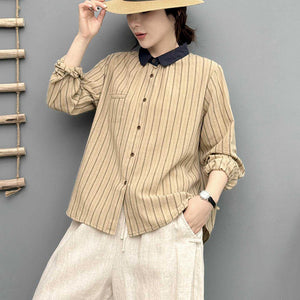 Áo sơ mi linen dài tay cổ đức kẻ sọc một túi - A683