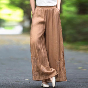 Quần baggy linen lưng thun ống rộng thêu hoa lá retro - Q156