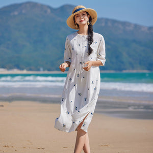 Đầm liền linen ngắn tay cổ tròn thêu hoa tulip - NU9905
