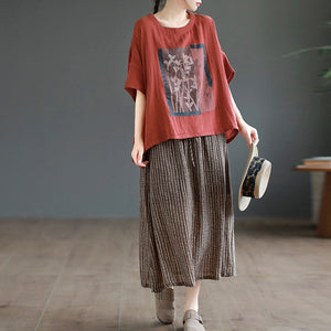 Chân váy linen lưng thun in hoa văn retro kẻ sọc - NU8817