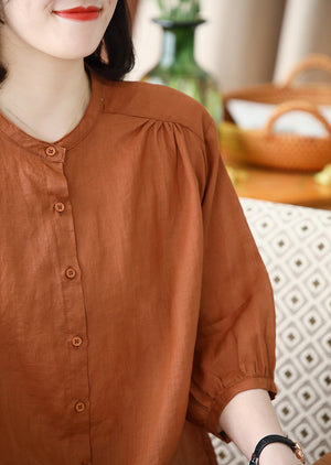 Áo sơ mi linen ngắn tay cổ tròn form rộng vạt mullet - NU8825