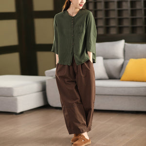 Áo sơ mi linen tay lửng cổ tròn một túi khuy kép - A802