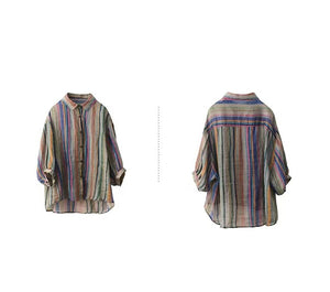 Áo sơ mi linen ngắn tay cổ đức kẻ sọc cầu vồng - A891