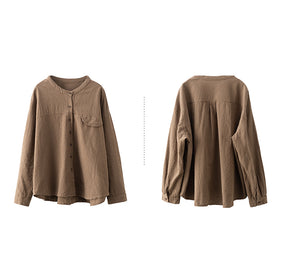 Áo sơ mi linen dài tay cổ tròn kẻ caro túi nắp tròn - NU9966