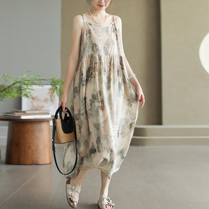 Đầm liền linen hai dây retro in hoa lá màu loang - D002