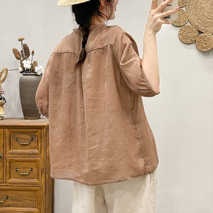 Áo sơ mi linen ngắn tay cổ V ren thêu đối xứng - NU9064