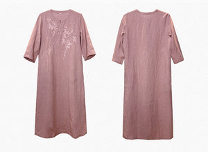 Đầm liền linen ngắn tay cổ tàu thêu hoa lá vạt chéo - NU10513