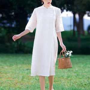 Đầm liền linen retro ngắn tay cổ đứng thêu hoa văn vạt lệch - NU9049
