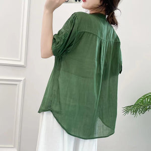 Áo sơ mi linen ngắn tay cổ tròn xẻ V thêu hoa lá đối xứng - NU9999