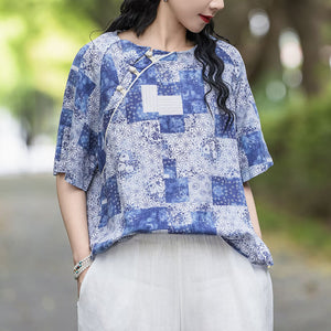 Áo sơ mi linen ngắn tay hoa văn retro khuy tròn cài lệch - NU10257