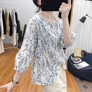 Áo sơ mi tay lửng cổ tròn xếp ly in hoa liti - NU8830