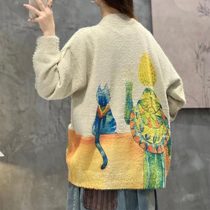 Áo khoác len cashmere dài tay cổ V in cô gái và chú mèo - NU9276