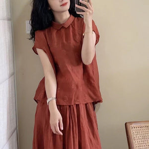 Áo sơ mi linen sát nách cổ pipi thêu hóa lá đồng màu - NU10264