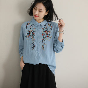 Áo sơ mi linen dài tay cổ đức thêu hoa lá đối xứng trước ngực - NU9938