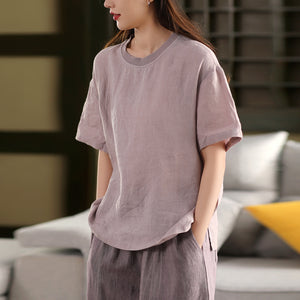 Áo T-shirt linen ngắn tay cổ tròn đơn sắc - A799