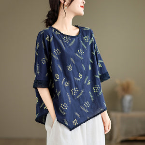Áo T-shirt ngắn tay cổ tròn phối ren thêu hoa lá - NU10256