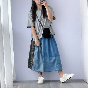 Chân váy linen lưng thun thêu chắp vá kẻ sọc - NU10098